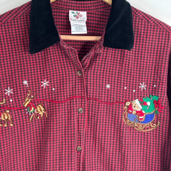 Vintage 90s Christmas Plaid Embroidered Shirt L Velvet Collar Santa Bear Holiday - Picture 2 of 10